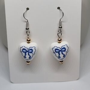 Charming Heart Earrings with Blue Bow